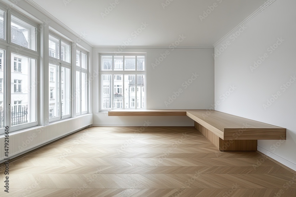 Fototapeta premium A minimalist interior scene featuring a wooden table in a sunlit room with elegant molding. showcasing a serene atmosphere and empty walls. ideal for design inspiration