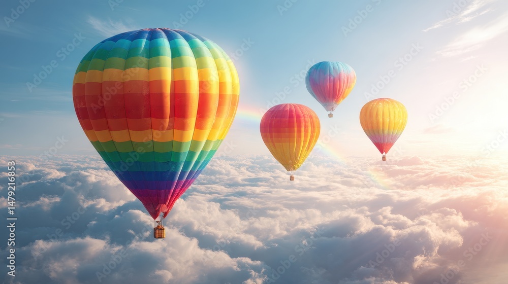 Fototapeta premium Colorful Hot Air Balloons Soaring Over Cloudy Sky Creating a Stunning Aerial View with Vibrant Colors and Natural Beauty in Morning Light