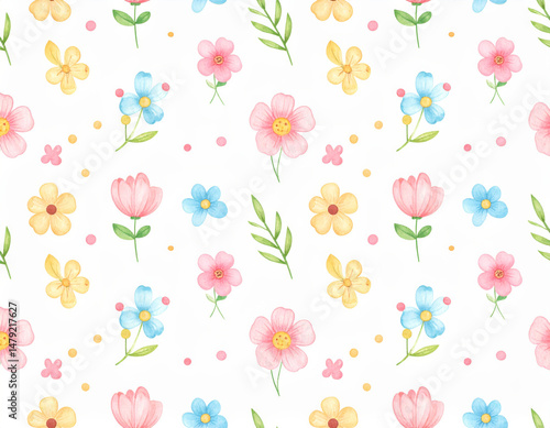Wallpaper Mural Beautiful floral pattern featuring colorful flowers and leaves on white background, creating cheerful and vibrant atmosphere. Perfect for children designs and crafts Torontodigital.ca