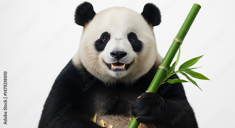 Happy panda playfully holds fresh bamboo stalk against bright white background. AI Generated Happy panda playfully holds fresh bamboo stalk against bright white background. AI Generated