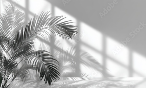Interior scene with palm leaves and window shadows.