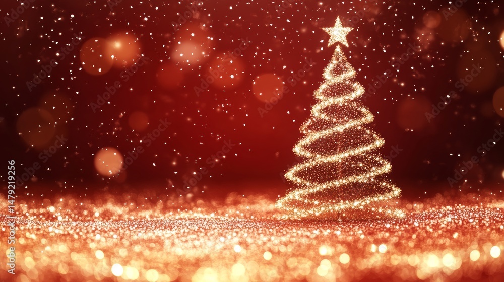 Sparkling Golden Christmas Tree on Red Festive Glitter Background Bokeh Lights Greeting. Sparkling Golden Christmas Tree on Red Festive Glitter Background Bokeh Lights Greeting.