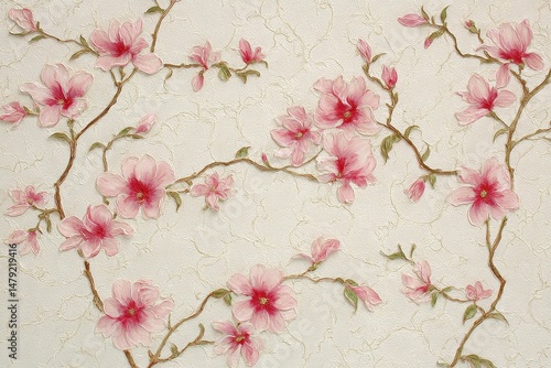 Delicate pink floral design on textured background.
