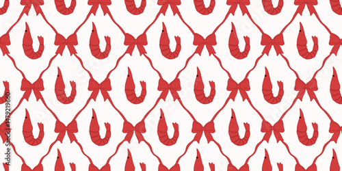 Coquette seamless Trellis with shrimps Bow and Ribbon. Seafood wrapping paper vector template design. Wallpaper fabric textile print background, Bon appetit seamless pattern EPS 10