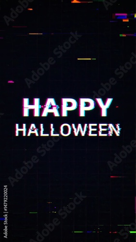 Glitch art style Happy Halloween text featuring distorted visual effects for a spooky digital design. Copy space area.