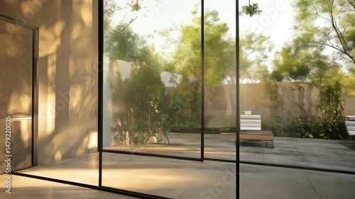 Stylish interior view through glass walls looking out to lush garden with lounge chairs in natural sunlight with a clean modern aesthetic