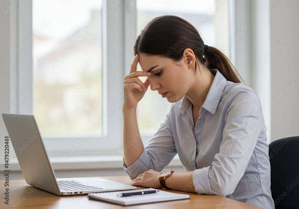 Obraz premium Stressed woman sitting at desk with laptop and notebook holding her head with a concerned expression