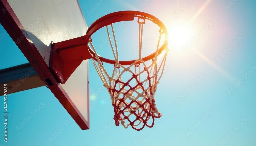Close-up of a basketball hoop with a net, sunlight gleaming on the rim , circles, orange Close-up of a basketball hoop with a net, sunlight gleaming on the rim , circles, orange
