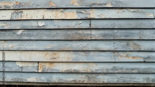 Old weathered blue wooden siding with peeling paint and a small window gives a rustic decaying abstract texture.