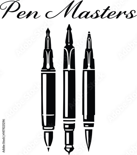 Black and white vector illustration featuring three distinct writing instruments—a fountain pen, a rollerball pen, and a brush pen—arranged vertically with the elegant cursive text "Pen Masters" above