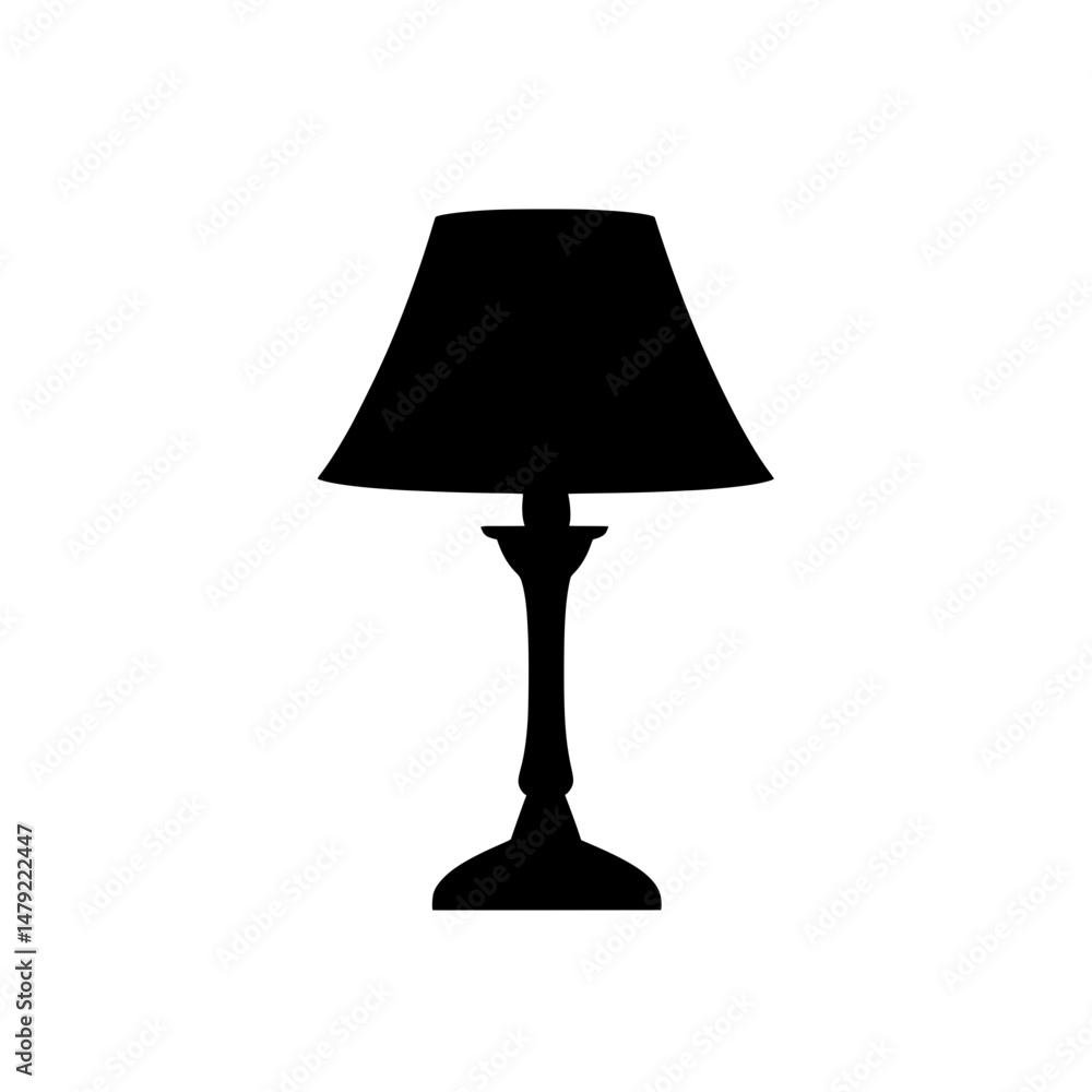Classic table lamp icon with wide lampshade and elegant stand used for home decor, lighting design, or interior themes Classic table lamp icon with wide lampshade and elegant stand used for home decor, lighting design, or interior themes