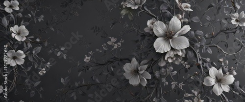 Subtle dark grey floral wallpaper featuring intricate vines and blossoms , background, grey floral wallpaper, fabric