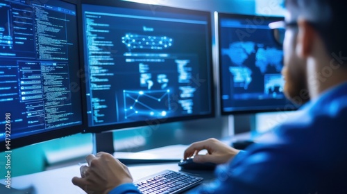 Data Analyst Working with Multiple Monitors in Modern Office Environment