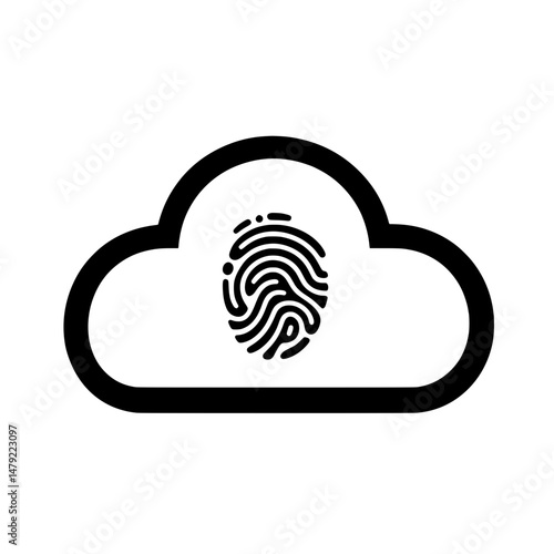 Cloud storage icon featuring biometric fingerprint symbol representing secure online data access and identity verification