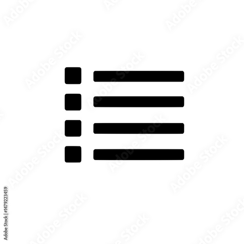 Bulleted list icon with uniform boxes for structured content display, notes, or presentation formatting