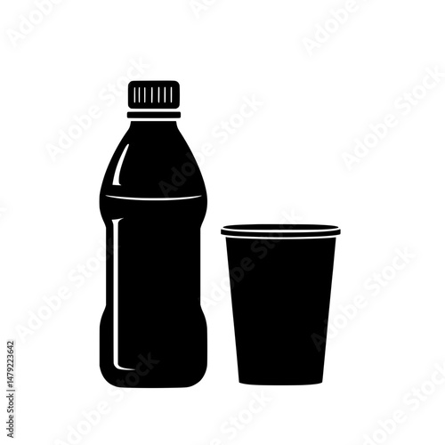 Set of beverage bottles with cups in solid icon design symbolizing drink service, takeaway, and consumption