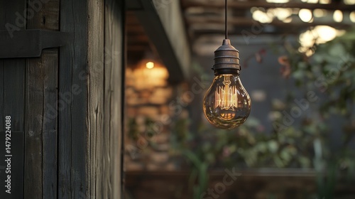 90.A close-up of an industrial-style light fixture with a hanging glass bulb, featuring visible filament and casting a soft glow, enhancing the rustic decor.