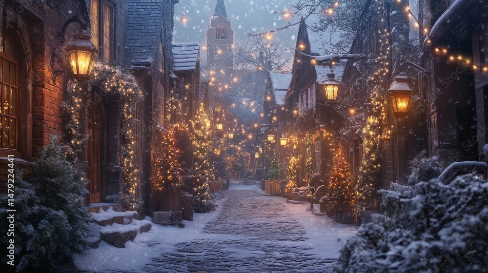 Obraz premium 96.An old European town alley, decorated for Christmas with glowing lanterns and twinkling lights, as snow covers the cobblestone path, and a distant church bell rings in the frosty air.