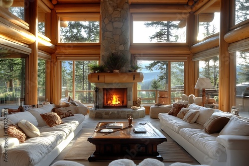 Luxurious log cabin living room with fireplace and mountain views