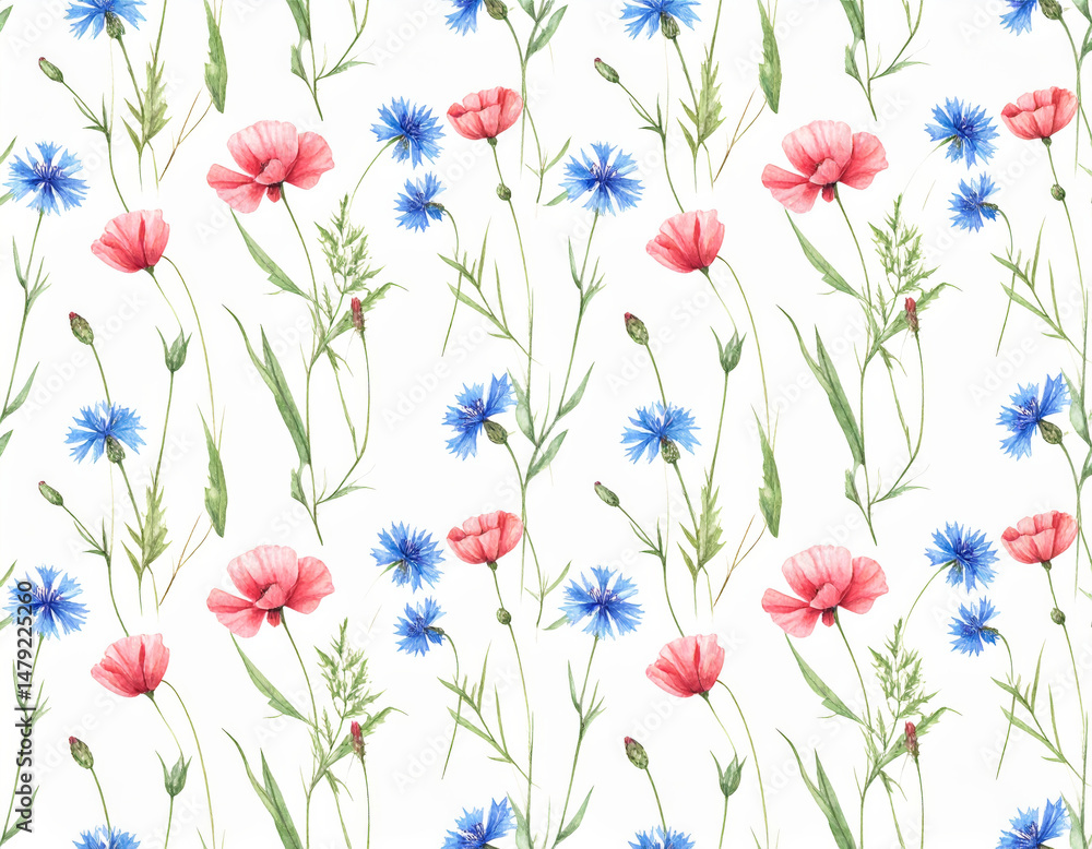 Beautiful floral seamless pattern featuring pink poppies and blue cornflowers, creating vibrant and cheerful atmosphere. This design is perfect for various applications, including textiles Beautiful floral seamless pattern featuring pink poppies and blue cornflowers, creating vibrant and cheerful atmosphere. This design is perfect for various applications, including textiles