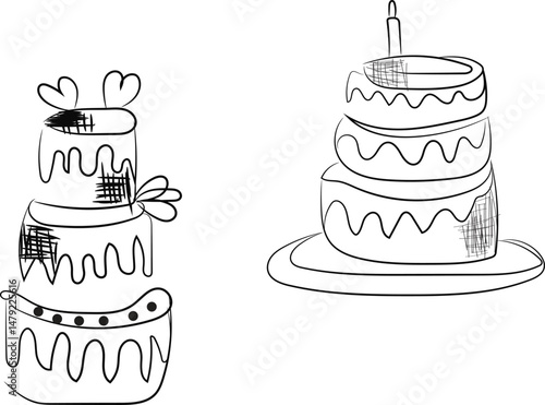 Hand Drawn Line Art Illustration of Two Delicious Cakes Perfect for Birthday Cards or Baking Blogs