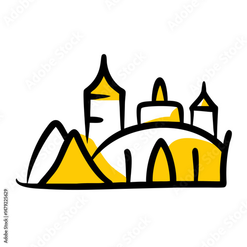 Abstract illustration of iconic world landmarks in yellow and black  