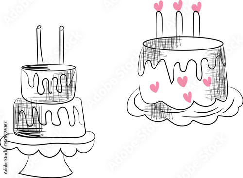 Hand Drawn Sketch of Two Delicious Cakes Perfect for Birthday Celebrations