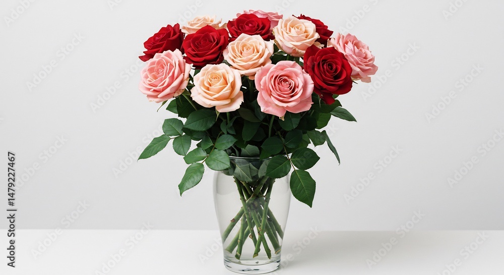Obraz premium 美しく咲く赤とピンクのバラの花束 柔らかな光を浴びて輝く. AI Generated