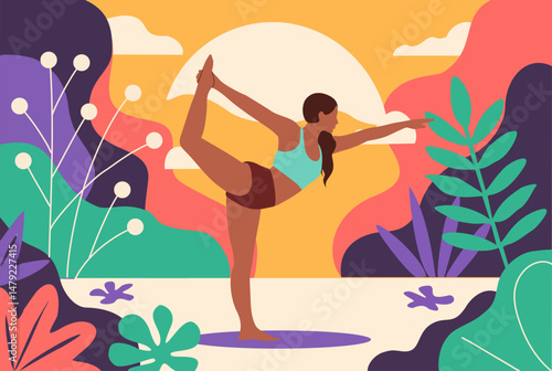 Flat vector illustration of young woman in sport clothes doing yoga pose, asana in the park. Stylized plants and trees in trendy vivid colors create a vibrant nature background.