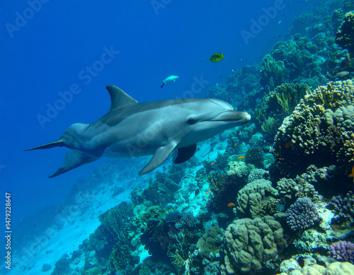 dolphin swims gracefully through vibrant coral reef, showcasing its sleek body and playful nature amidst colorful marine life. underwater scene is filled with diverse corals and fish