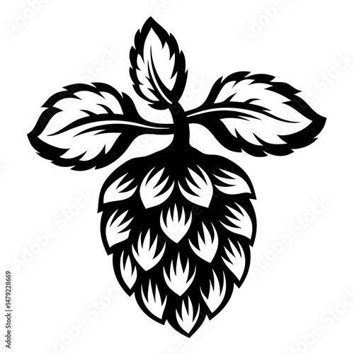 Monochrome vector illustration of a hop cone with leaves and stem