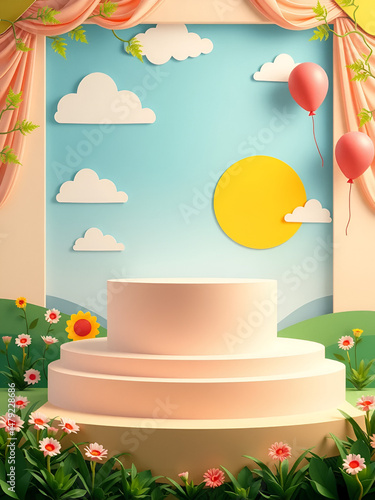 Podium in 3d paper cut style on spring summer season scene with sun, clouds, balloons on blue sky banner background. Green nature landscape backdrop for product display advertising, presentation.