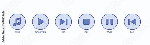 Music Controls Icon Set Isolated Vector Illustration Concept With Icon Of Music, Play Button, Skip, Stop, Pause, Back In Blue Style
