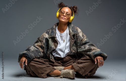 Stylish female dj relaxing with headphones and yellow sunglasses