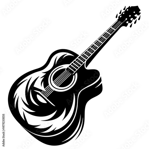 A stylized black and white acoustic guitar with a tribal design element
