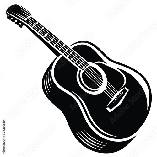 Monochrome acoustic guitar illustration with detailed body and string depiction