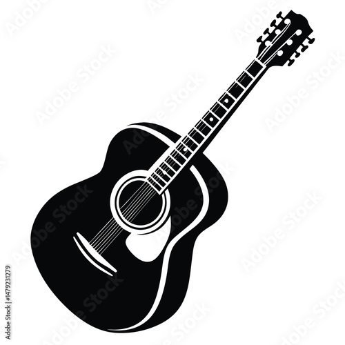 Acoustic guitar illustration in black and white, a musical stringed instrument