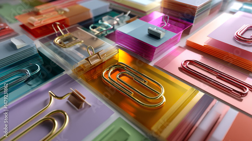 3d realistic colorful collection of paperclips with paper.