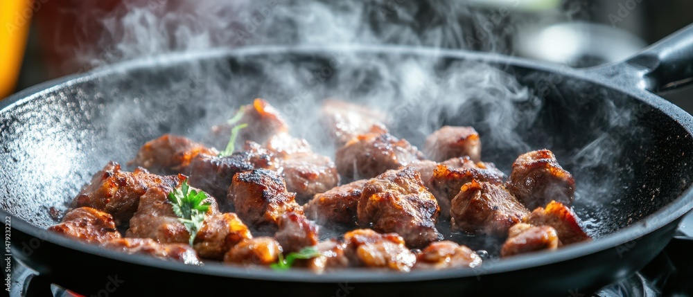 Sizzling Meat Cubes in a Cast Iron Pan Close Up Cooking Food Preparation Culinary Delight Delicious Meal Sizzling Meat Cubes in a Cast Iron Pan Close Up Cooking Food Preparation Culinary Delight Delicious Meal