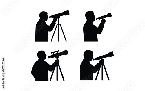 Astronomer using telescope for observing stars icon