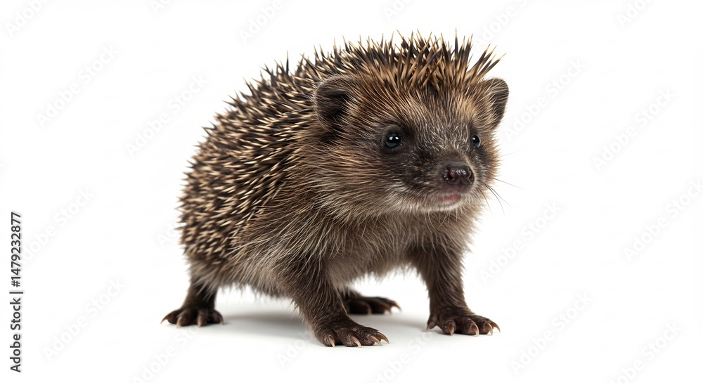 Fototapeta premium Cute hedgehog stands alert against bright white background. AI Generated
