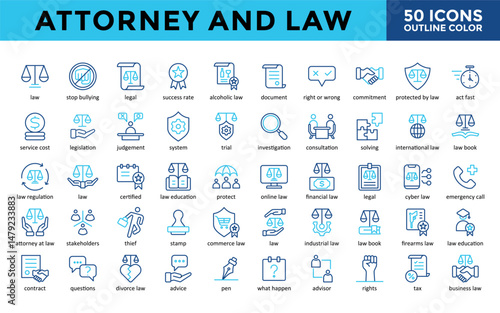 Attorney and Law icons set with law, stop bullying, egal, success rate, alcoholic law, document, right or wrong, commitment, protected by law, act fast icon. Simple outline color vector 
