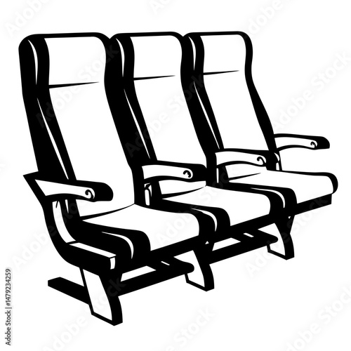 Three adjacent passenger chairs in a stylized black and white design