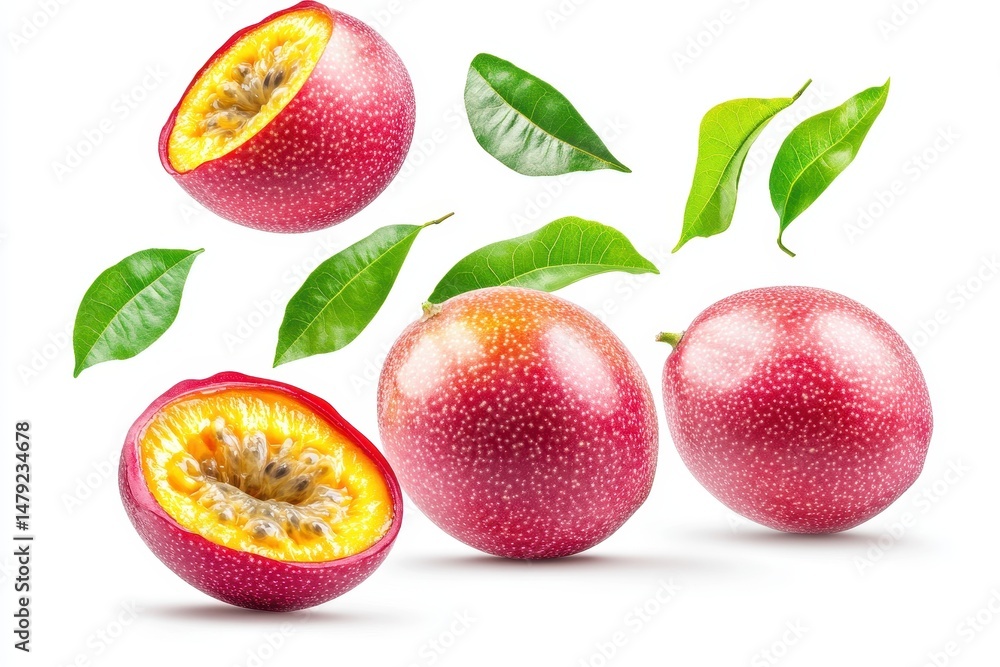Naklejka premium Vibrant passion fruits with halved view & leaves