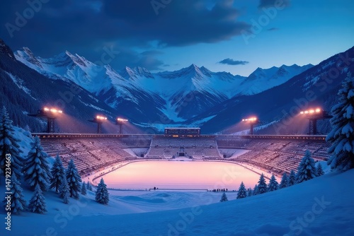 Snowy mountain range backdrop, winter sports stadium, illuminated at night , illuminated, athletic, landscape