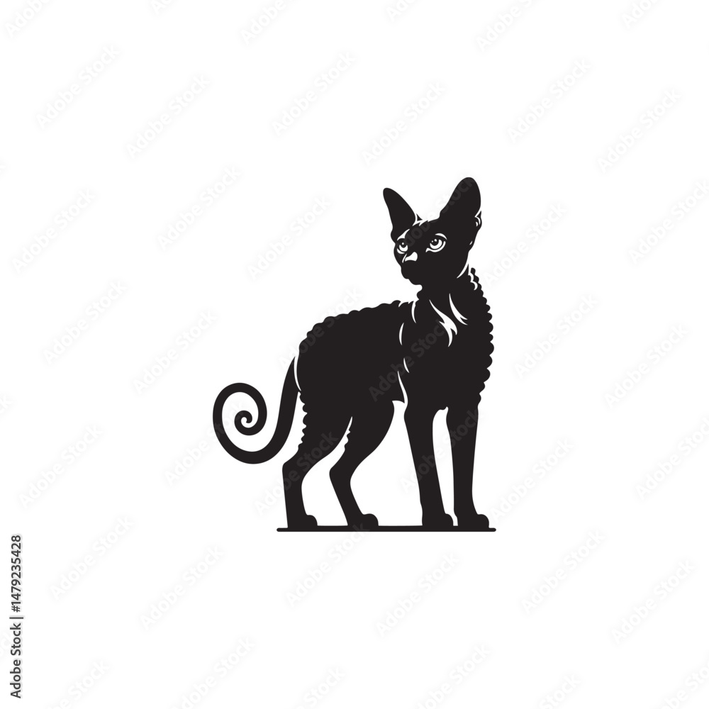 Fototapeta premium Devon Rex Cat Vector Silhouette: Distinctive Big-Eared Feline with Curly Fur, Slender Body, and Playful Expression Captured in a Clean, Modern, and Minimalist Silhouette Art Style. 