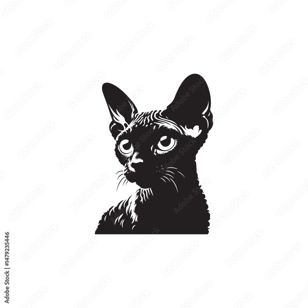Fototapeta premium Devon Rex Cat Vector Silhouette: Distinctive Big-Eared Feline with Curly Fur, Slender Body, and Playful Expression Captured in a Clean, Modern, and Minimalist Silhouette Art Style. 