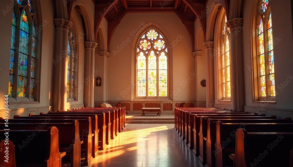 Fototapeta premium Tranquil church interior, stained glass window, soft light Peaceful worship space , religious, windows