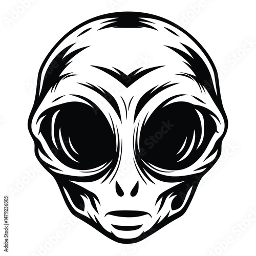 Black and white illustration of a classic grey alien head design