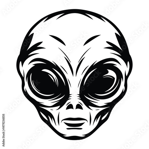 Monochrome Alien Face Illustration with Prominent Eyes and Distinct Features Isolated